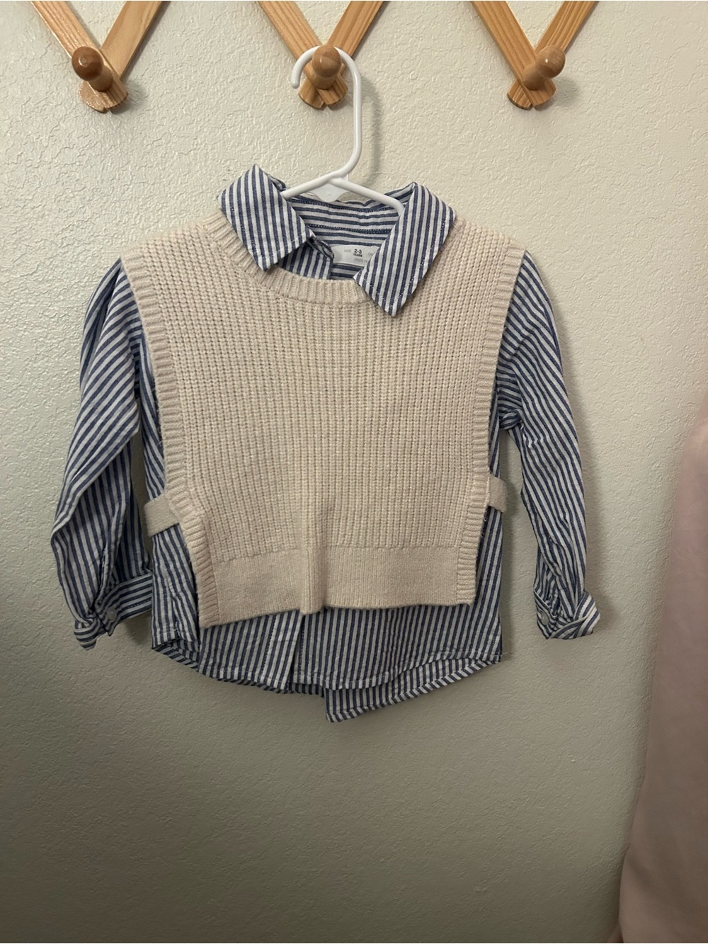 Zara Blue & White Striped Button-Down with Cream Knit Vest